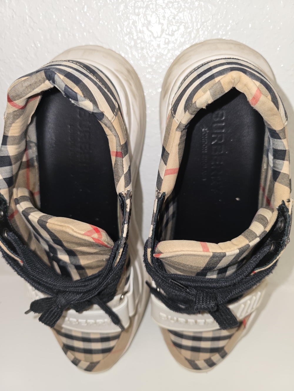 Burberry Tan Plaid Sneakers with Black Laces and Red Accent - Picture 11 of 11